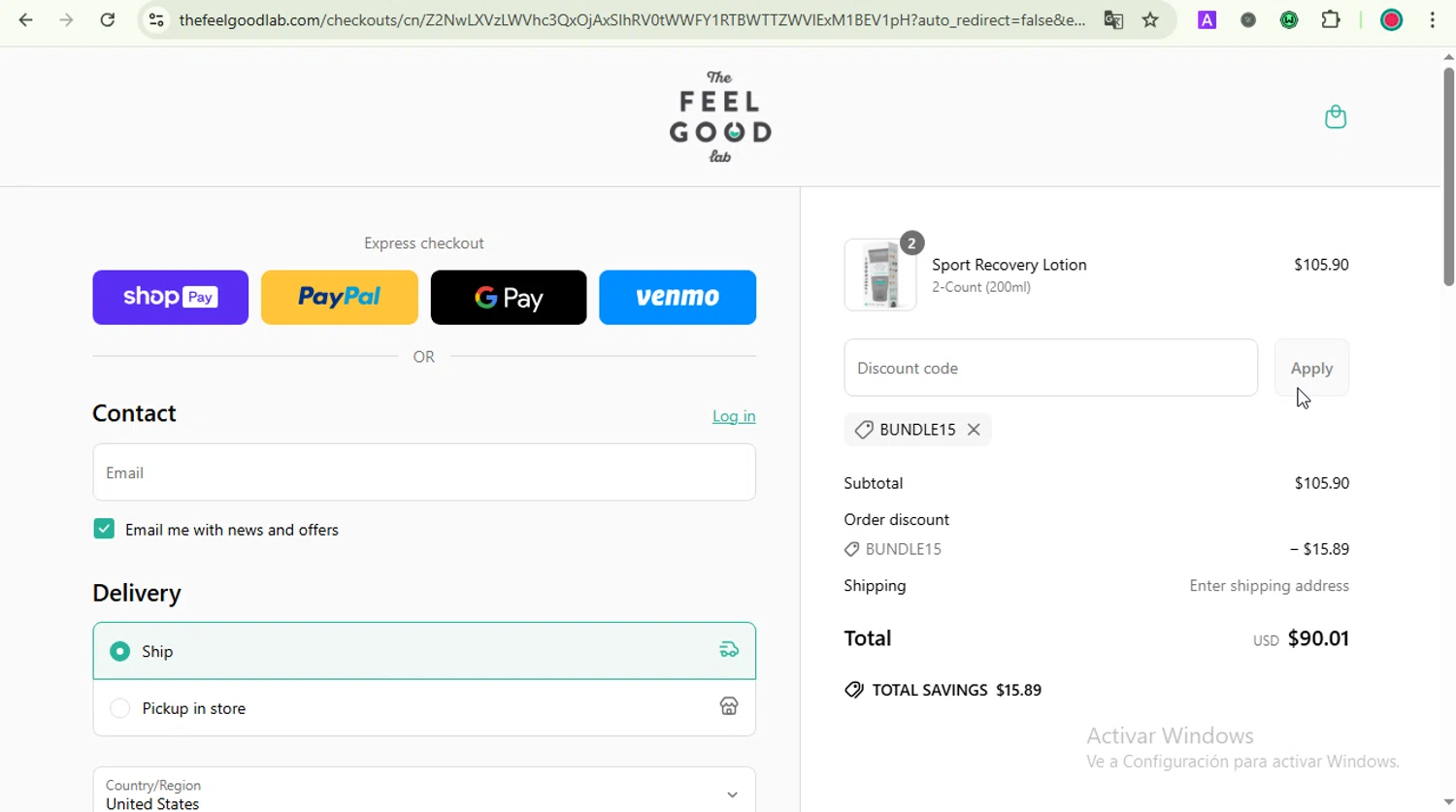 The Feel Good Lab promo code screenshot showing code BUNDLE15 applied at The Feel Good Lab checkout page. Uploaded by SimplyCodes community member LOVECOUPON on Jun 14, 2025