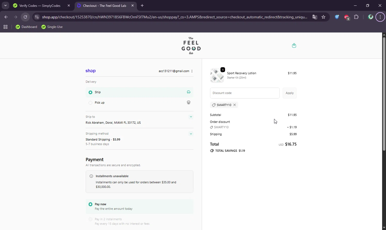 The Feel Good Lab promo code screenshot showing code SMARTY10 applied at The Feel Good Lab checkout page. Uploaded by SimplyCodes community member BudgetWizard6950 on Sep 19, 2025