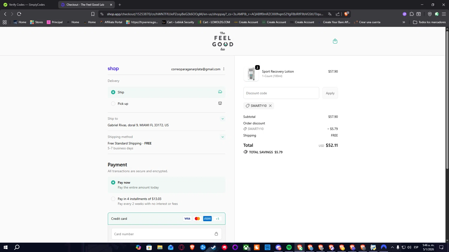 The Feel Good Lab promo code screenshot showing code SMARTY10 applied at The Feel Good Lab checkout page. Uploaded by SimplyCodes community member Nulo0000 on Jan 5, 2026