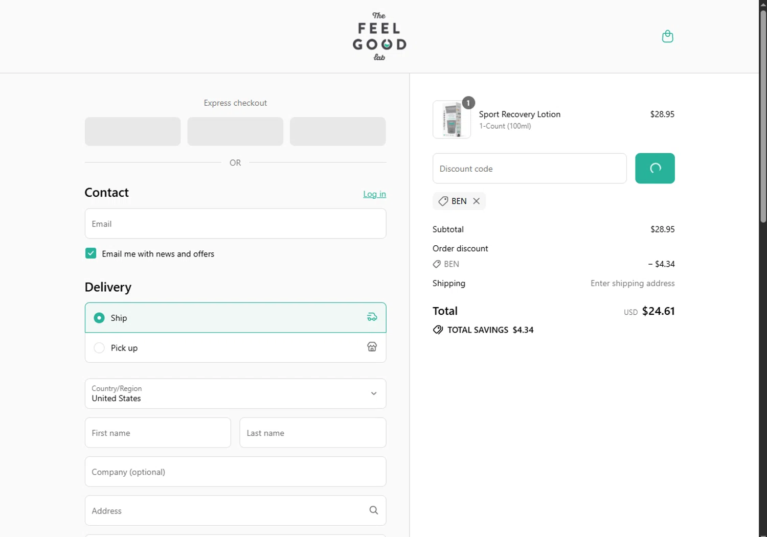The Feel Good Lab promo code screenshot showing code BEN applied at The Feel Good Lab checkout page. Uploaded by SimplyCodes community member VoucherRanger9105 on Aug 25, 2025