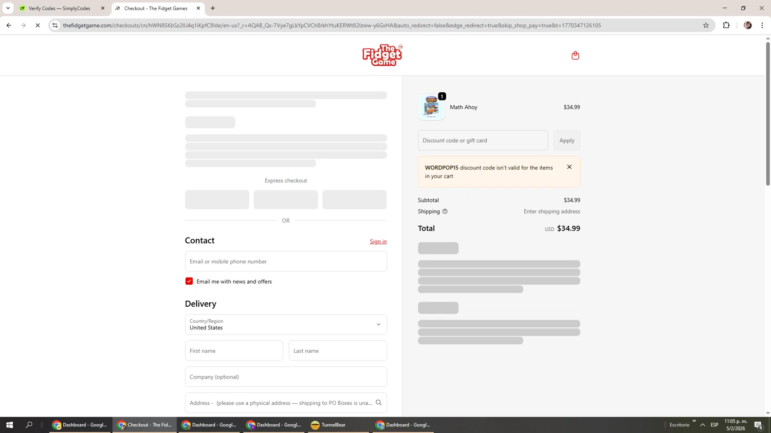 The Fidget Game checkout page showing The Fidget Game discount code box | Screenshot taken by SimplyCodes community member on Feb 6, 2026