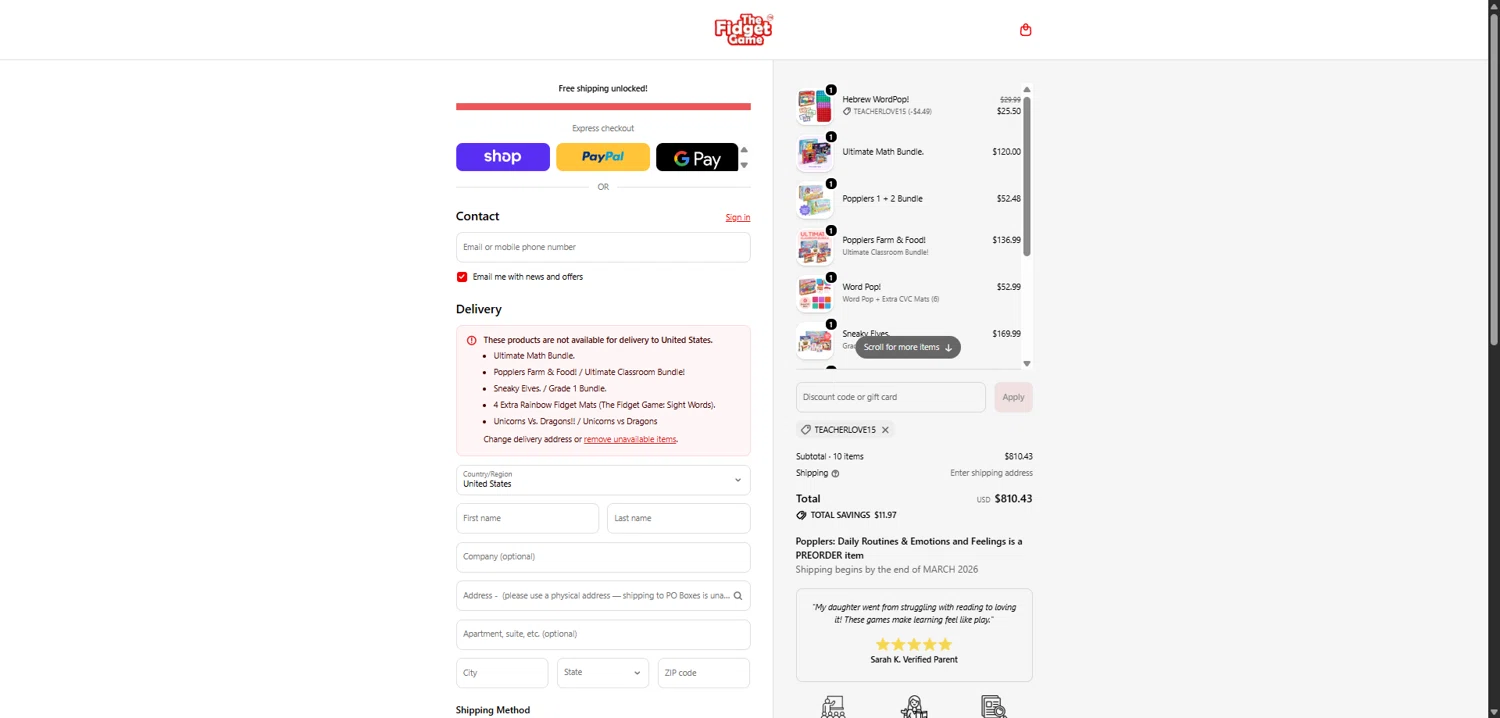 The Fidget Game checkout page showing The Fidget Game discount code box | Screenshot taken by SimplyCodes community member on Feb 6, 2026