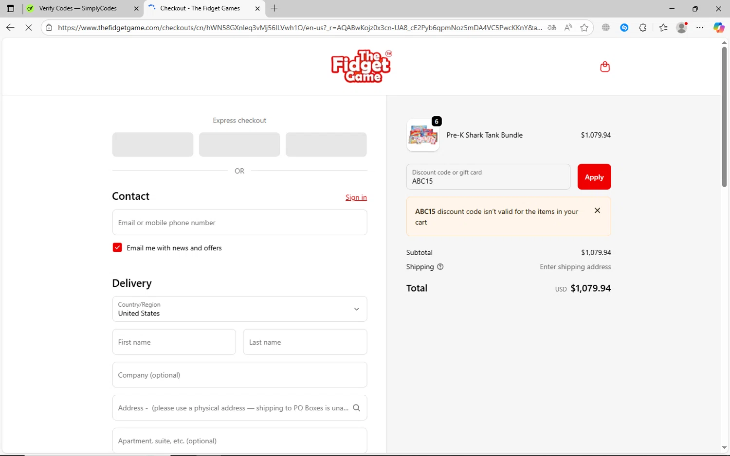 The Fidget Game discount code screenshot showing code ABC15 applied at The Fidget Game checkout page. Uploaded by SimplyCodes community member jechtff10 on Nov 10, 2025