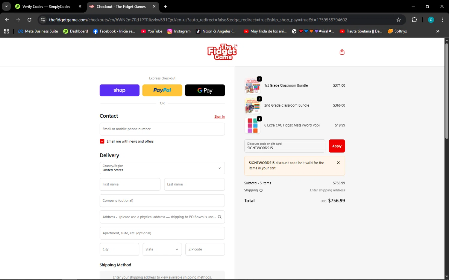 The Fidget Game discount code screenshot showing code SIGHTWORDS15 applied at The Fidget Game checkout page. Uploaded by SimplyCodes community member ELROJO on Oct 4, 2025