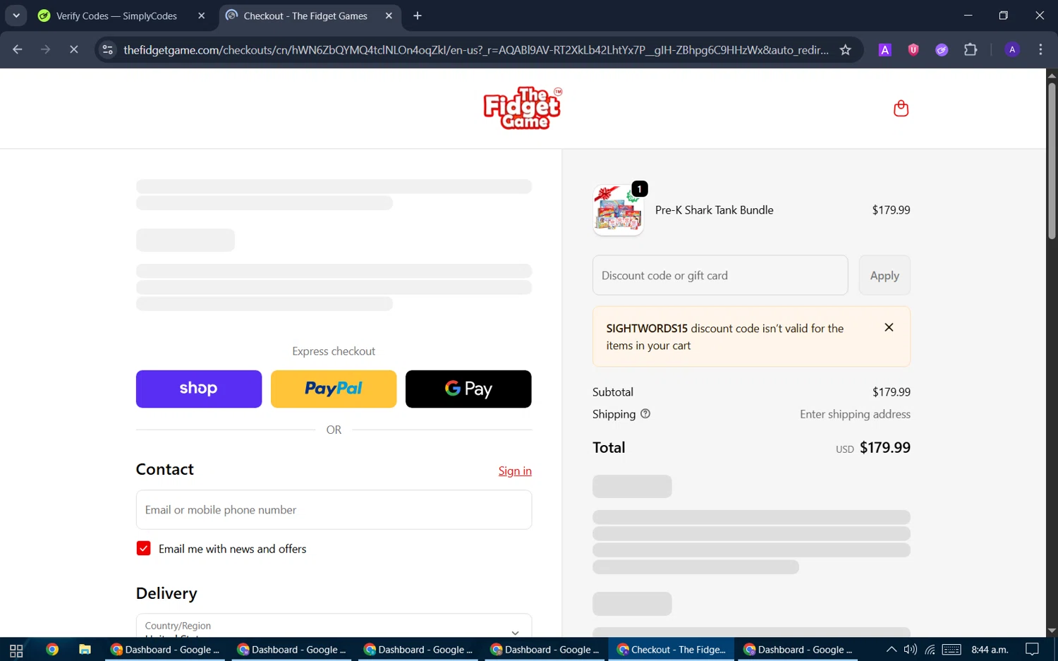 The Fidget Game discount code screenshot showing code SIGHTWORDS15 applied at The Fidget Game checkout page. Uploaded by SimplyCodes community member ThriftySentinel2853 on Dec 18, 2025