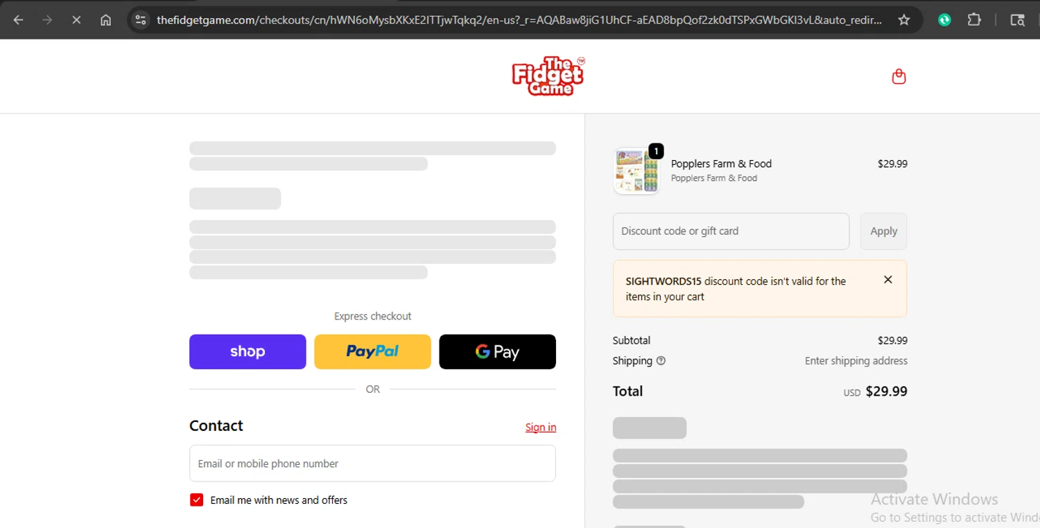 The Fidget Game discount code screenshot showing code SIGHTWORDS15 applied at The Fidget Game checkout page. Uploaded by SimplyCodes community member xaswqe on Dec 24, 2025
