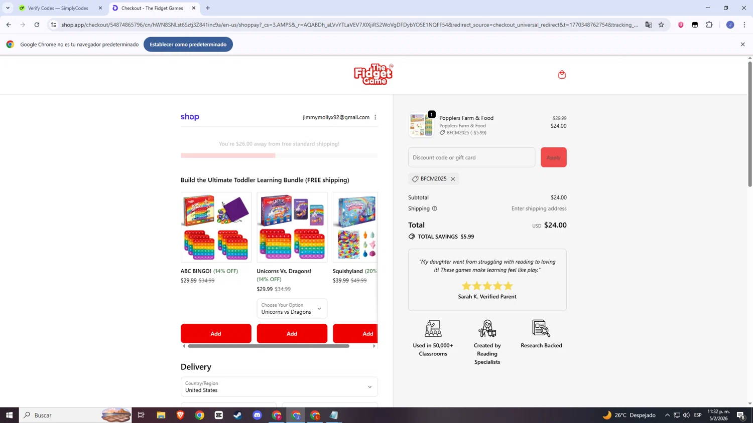 The Fidget Game checkout page showing The Fidget Game discount code box | Screenshot taken by SimplyCodes community member on Feb 6, 2026