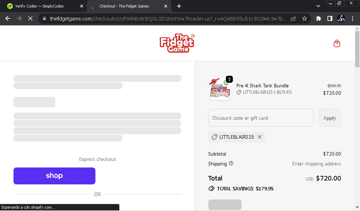 The Fidget Game discount code screenshot showing code LITTLEBLAIRS15 applied at The Fidget Game checkout page. Uploaded by SimplyCodes community member SwiftOwl697 on Dec 24, 2025