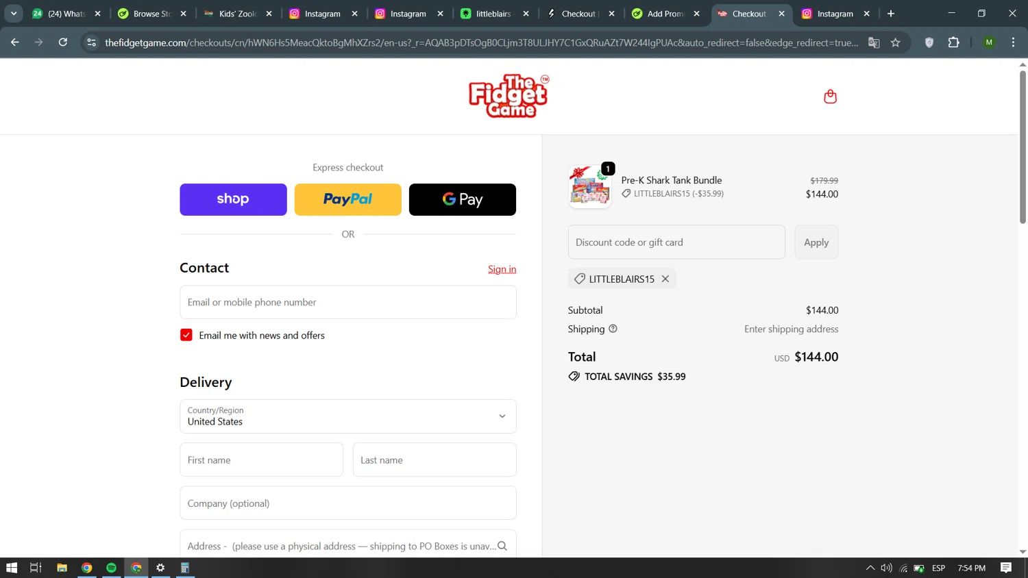 The Fidget Game discount code screenshot showing code LITTLEBLAIRS15 applied at The Fidget Game checkout page. Uploaded by SimplyCodes community member becomeaware on Dec 10, 2025