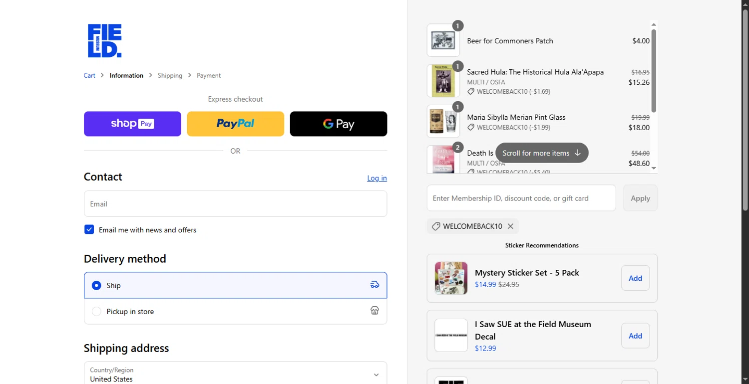 The Field Museum promo code screenshot showing code WELCOMEBACK10 applied at The Field Museum checkout page. Uploaded by SimplyCodes community member DiscountPhoenix427 on May 23, 2025