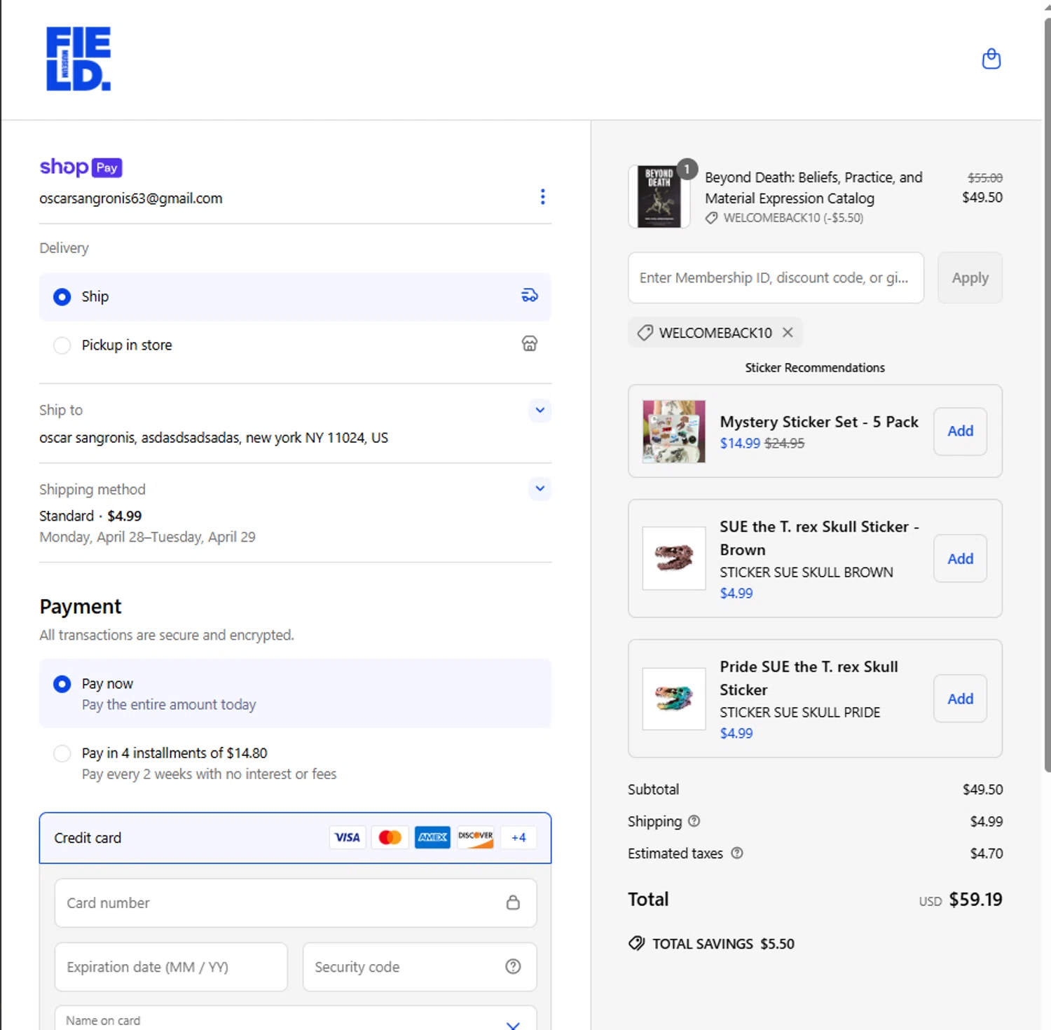 The Field Museum promo code screenshot showing code WELCOMEBACK10 applied at The Field Museum checkout page. Uploaded by SimplyCodes community member Frionel_Pessi on Apr 19, 2025
