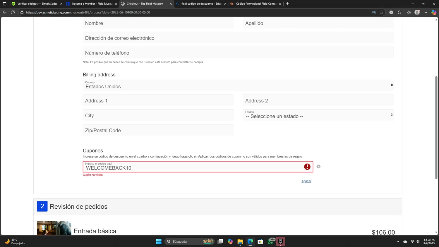The Field Museum promo code screenshot showing code WELCOMEBACK10 applied at The Field Museum checkout page. Uploaded by SimplyCodes community member mathiasmadonadogoiti on Jun 9, 2025