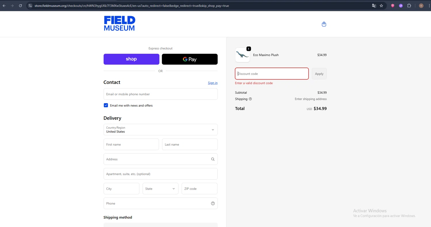 The Field Museum promo code screenshot showing code SAVEONSUE applied at The Field Museum checkout page. Uploaded by SimplyCodes community member VoucherSleuth2594 on Oct 4, 2025