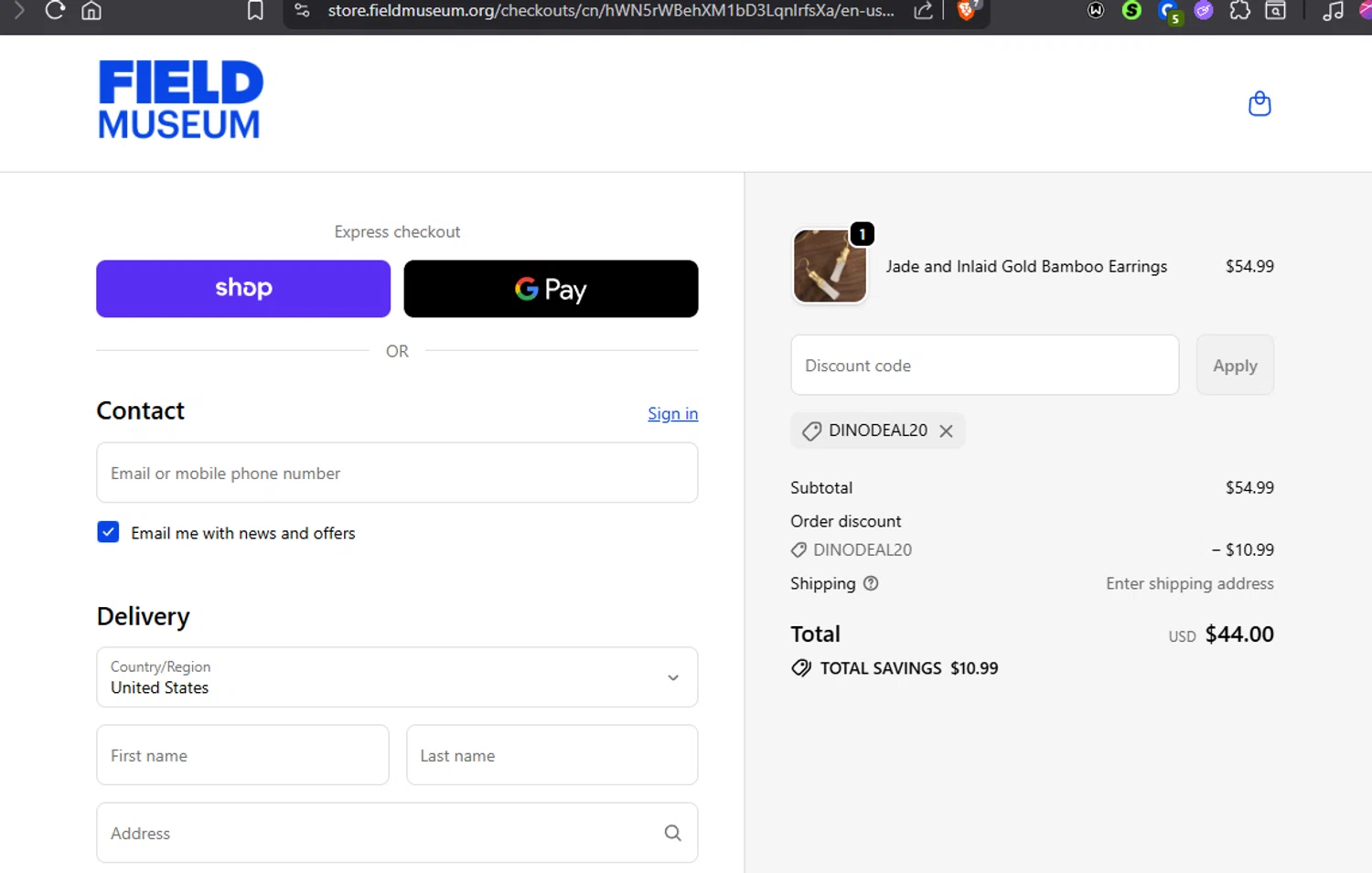 The Field Museum promo code screenshot showing code DINODEAL20 applied at The Field Museum checkout page. Uploaded by SimplyCodes community member Jmhernand1 on Nov 29, 2025