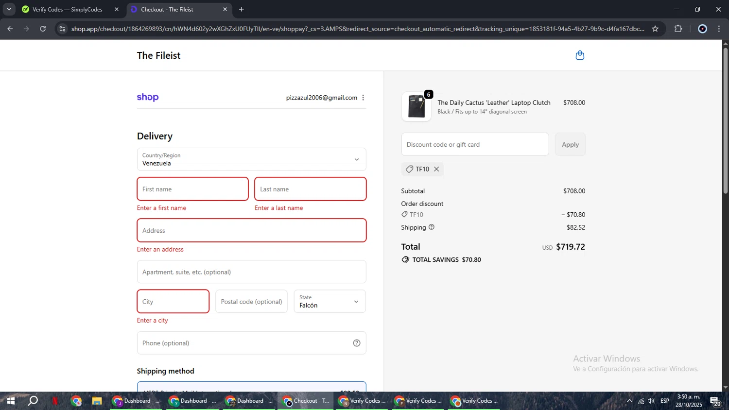 the fileist coupon code screenshot showing code TF10 applied at the fileist checkout page. Uploaded by SimplyCodes community member RoyalBoss4384 on Oct 28, 2025