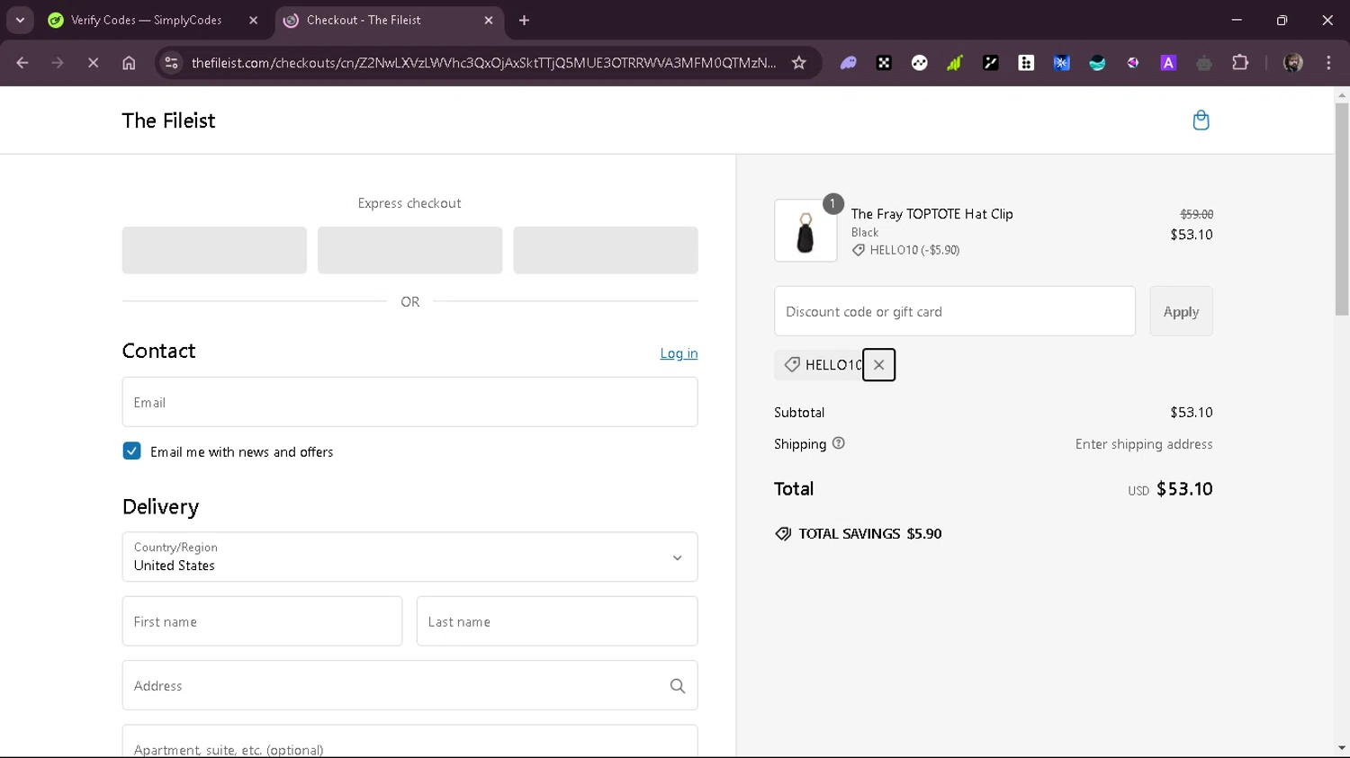 the fileist coupon code screenshot showing code HELLO10 applied at the fileist checkout page. Uploaded by SimplyCodes community member TyrionLannister on Feb 11, 2025