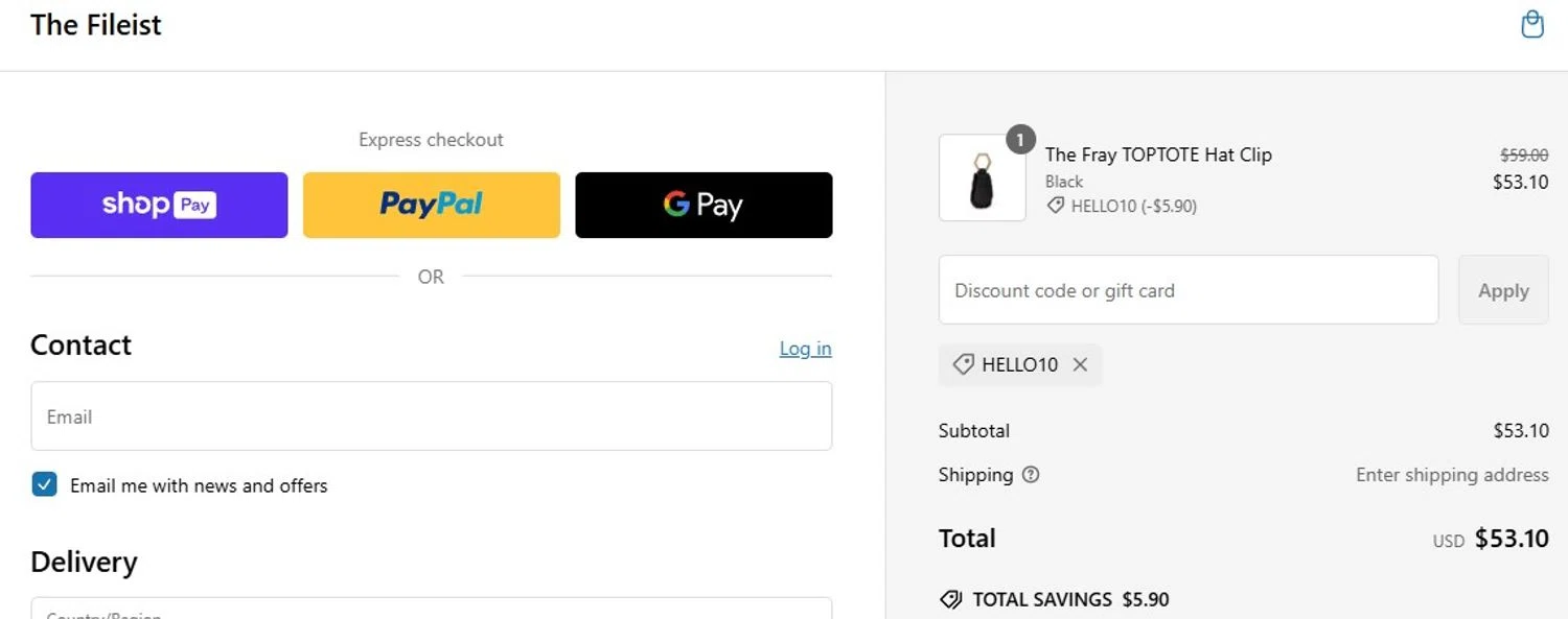 the fileist coupon code screenshot showing code HELLO10 applied at the fileist checkout page. Uploaded by SimplyCodes community member Olorinnnnn on Feb 11, 2025