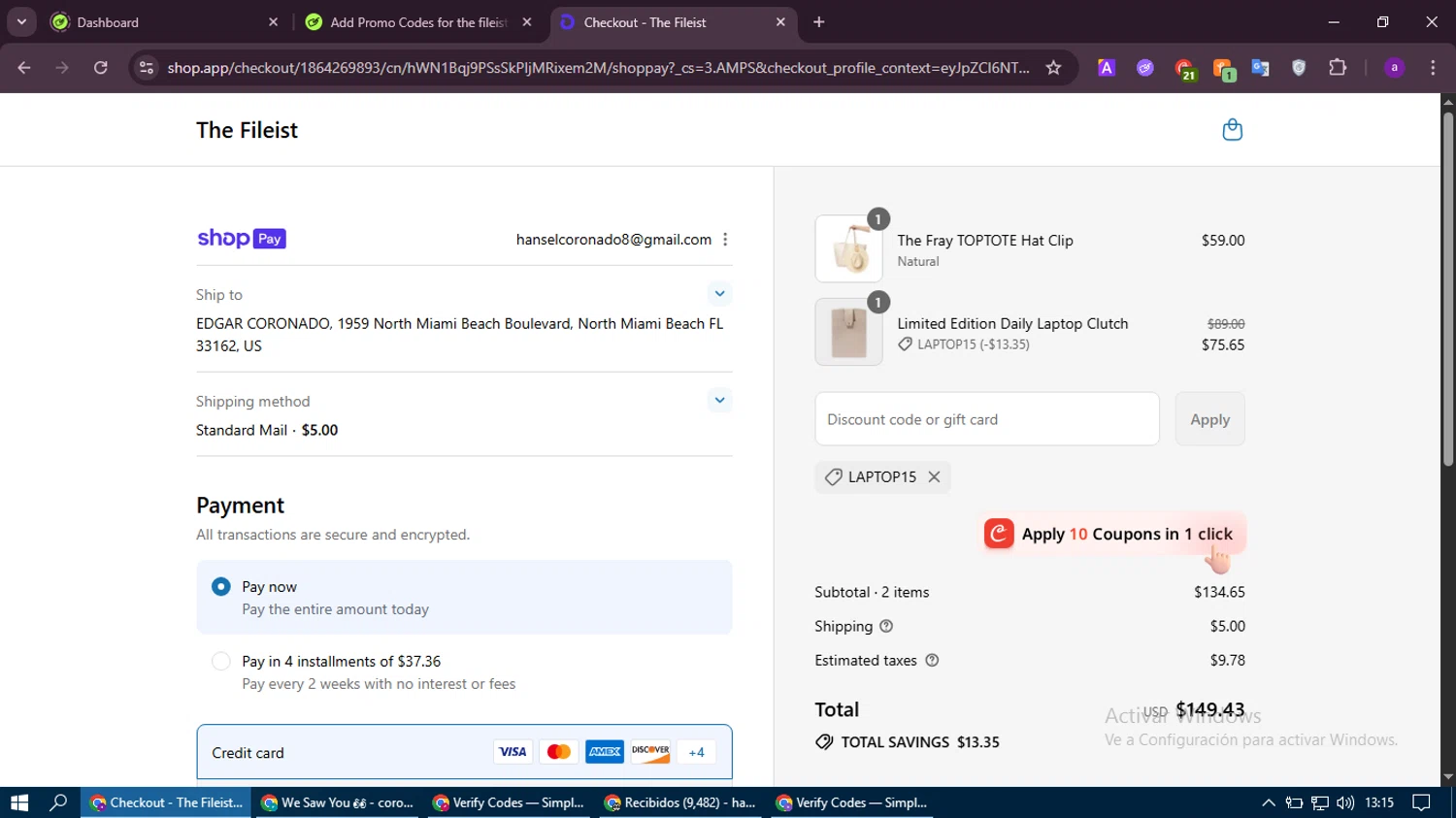 the fileist coupon code screenshot showing code laptop15 applied at the fileist checkout page. Uploaded by SimplyCodes community member thethru on Jul 29, 2025