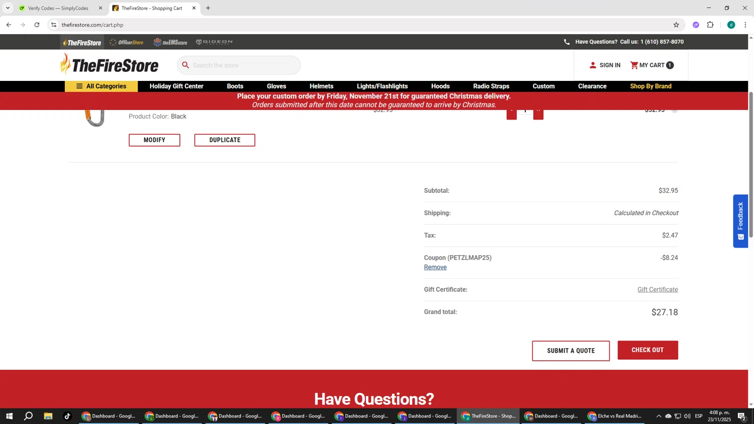 TheFireStore checkout page showing TheFireStore coupon code box | Screenshot taken by SimplyCodes community member on Nov 23, 2025