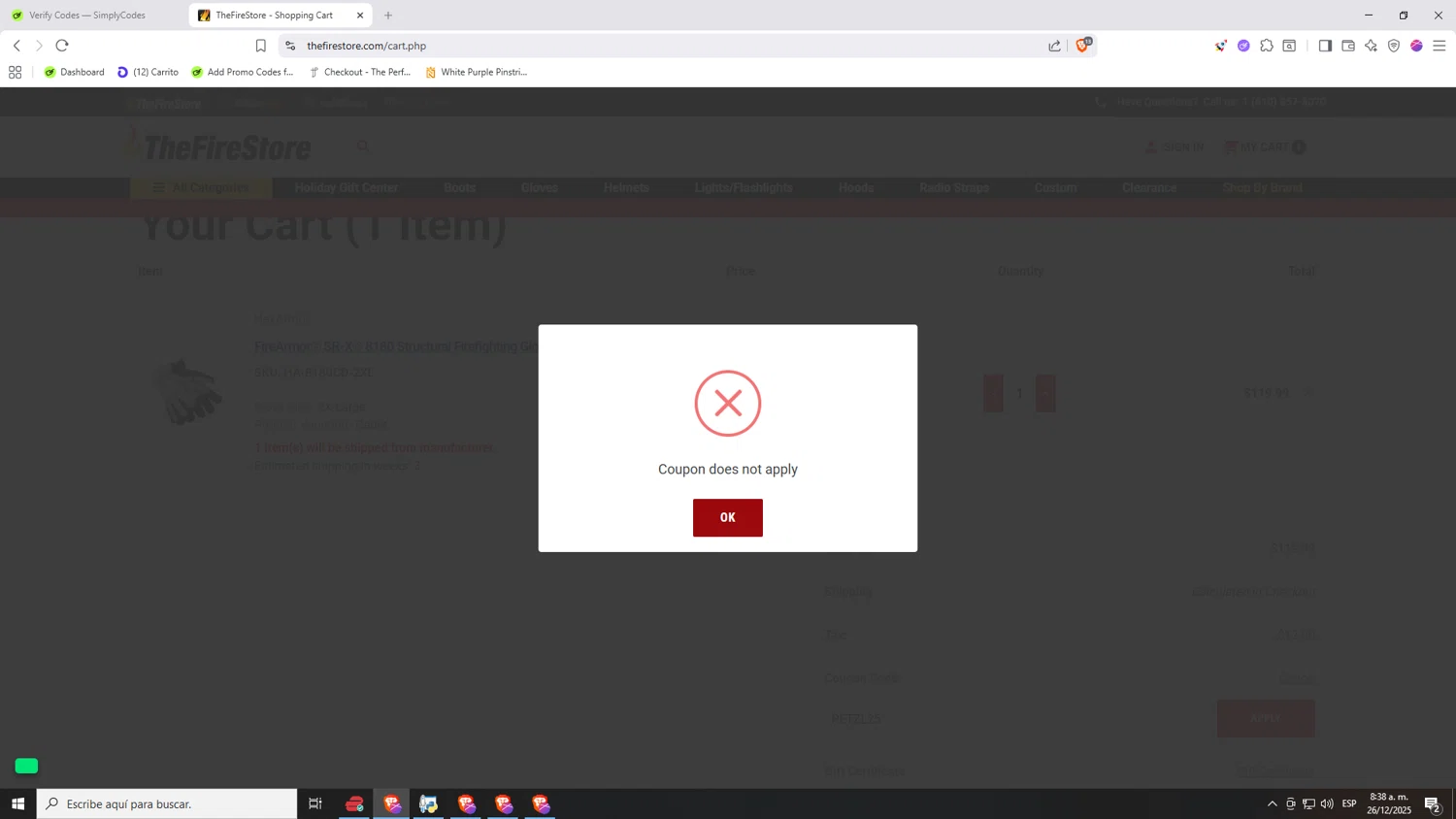 TheFireStore coupon code screenshot showing code PETZL25 applied at TheFireStore checkout page. Uploaded by SimplyCodes community member Nezukooo on Dec 26, 2025