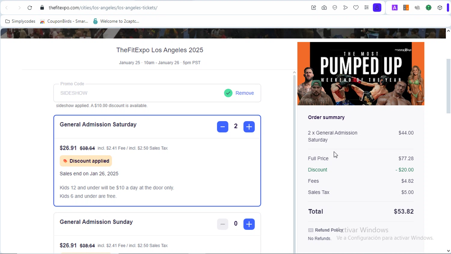 The Fit Expo promo code screenshot showing code SIDESHOW applied at The Fit Expo checkout page. Uploaded by SimplyCodes community member PrincessCoupon on Jan 9, 2025
