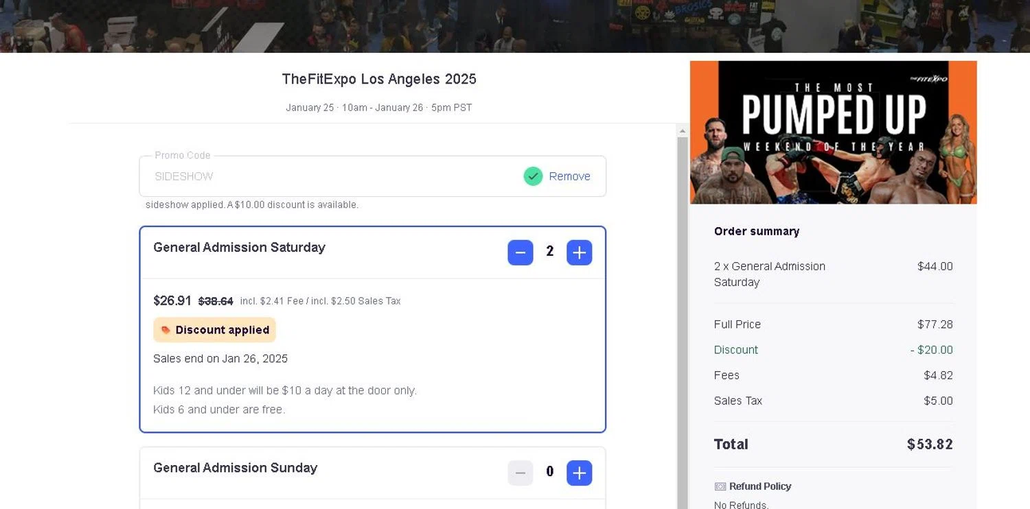 The Fit Expo promo code screenshot showing code SIDESHOW applied at The Fit Expo checkout page. Uploaded by SimplyCodes community member Ronald13 on Jan 9, 2025