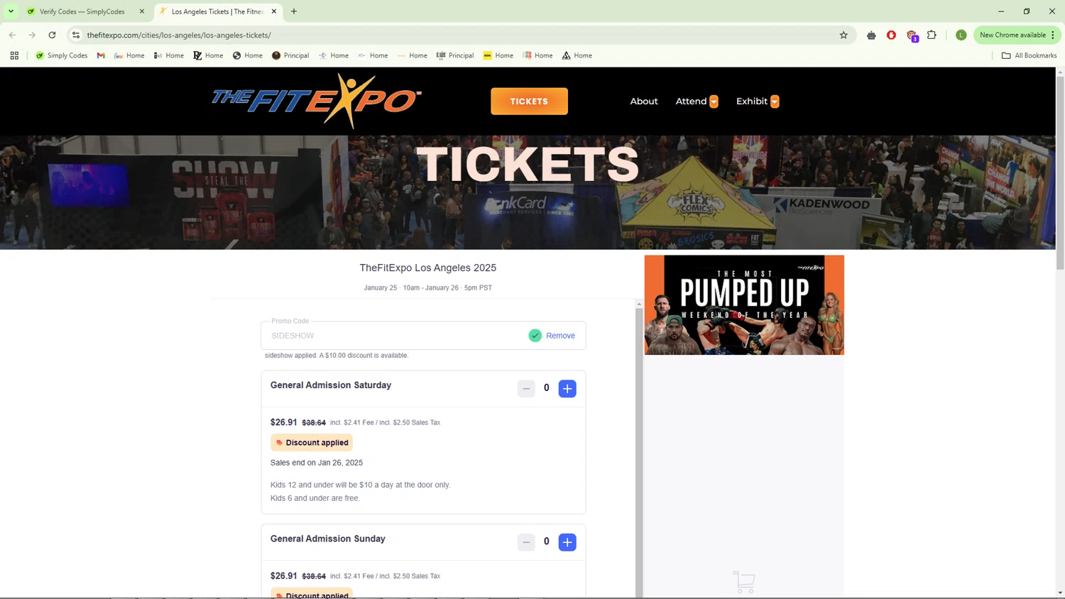 The Fit Expo promo code screenshot showing code SIDESHOW applied at The Fit Expo checkout page. Uploaded by SimplyCodes community member SavvySaver5447 on Jan 9, 2025