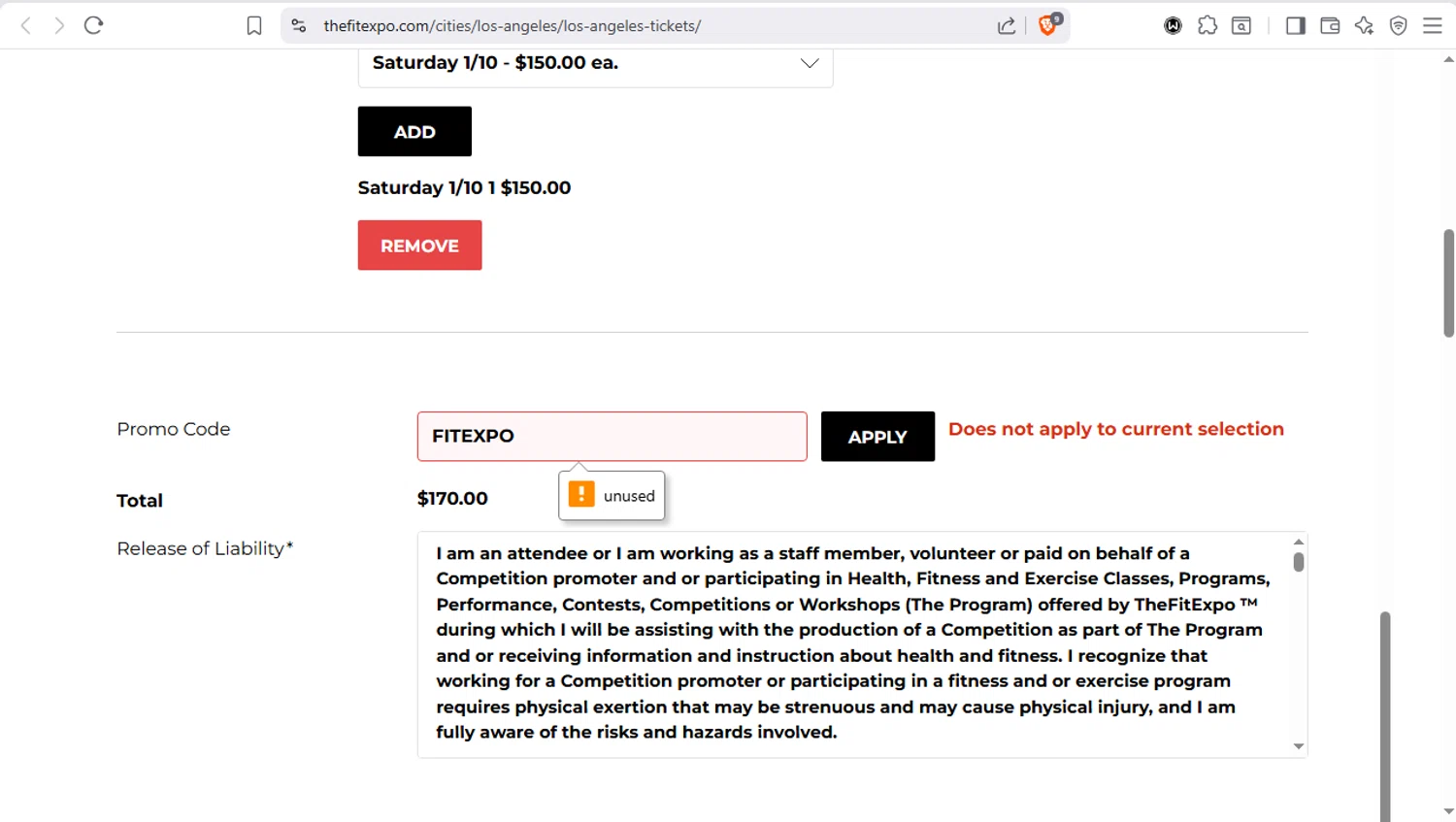 The Fit Expo promo code screenshot showing code FITEXPO applied at The Fit Expo checkout page. Uploaded by SimplyCodes community member dayselis15 on Dec 11, 2025