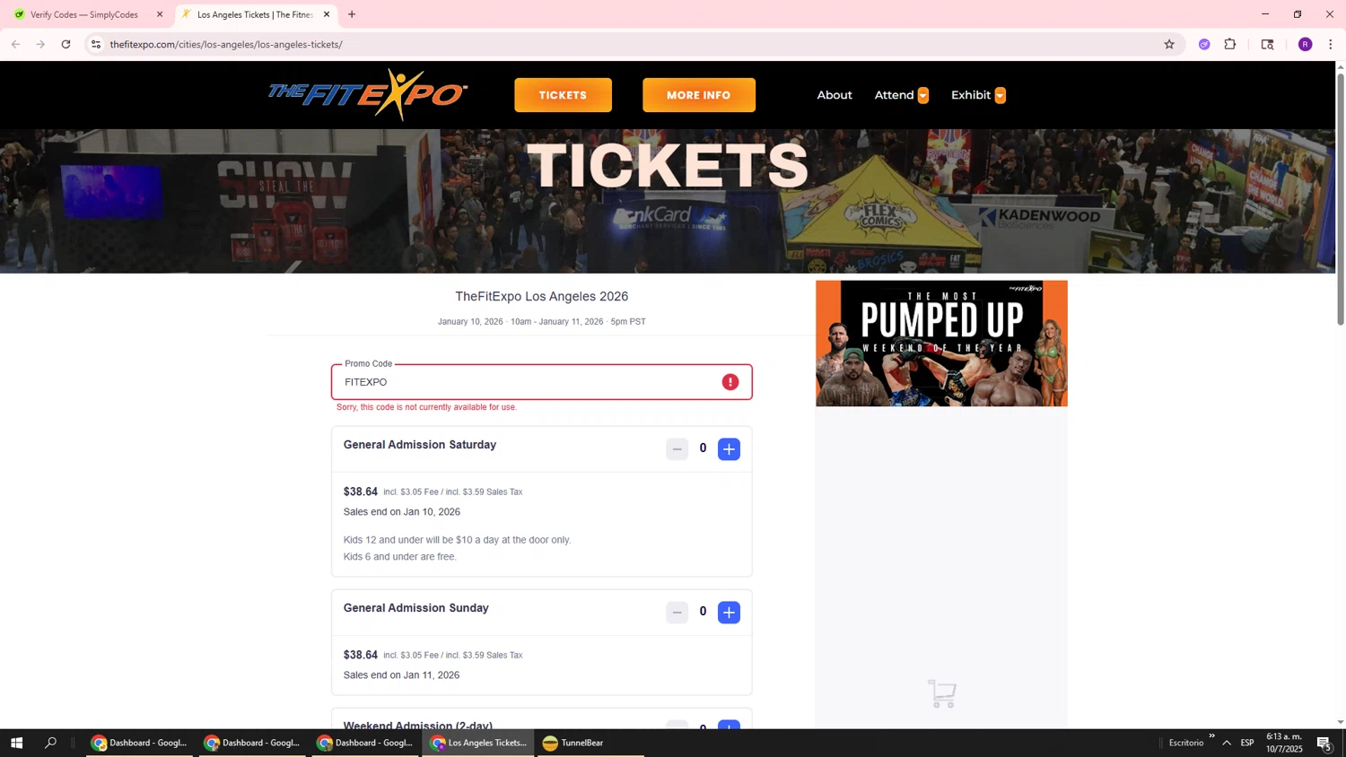 The Fit Expo promo code screenshot showing code FITEXPO applied at The Fit Expo checkout page. Uploaded by SimplyCodes community member ukemochi on Jul 10, 2025
