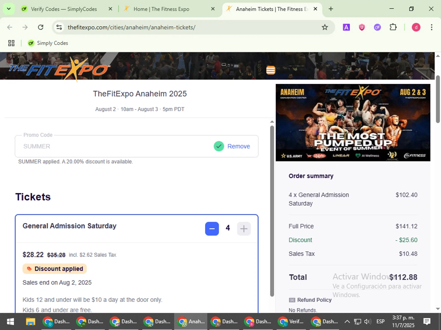 The Fit Expo checkout page showing The Fit Expo promo code box | Screenshot taken by SimplyCodes community member on Jul 11, 2025