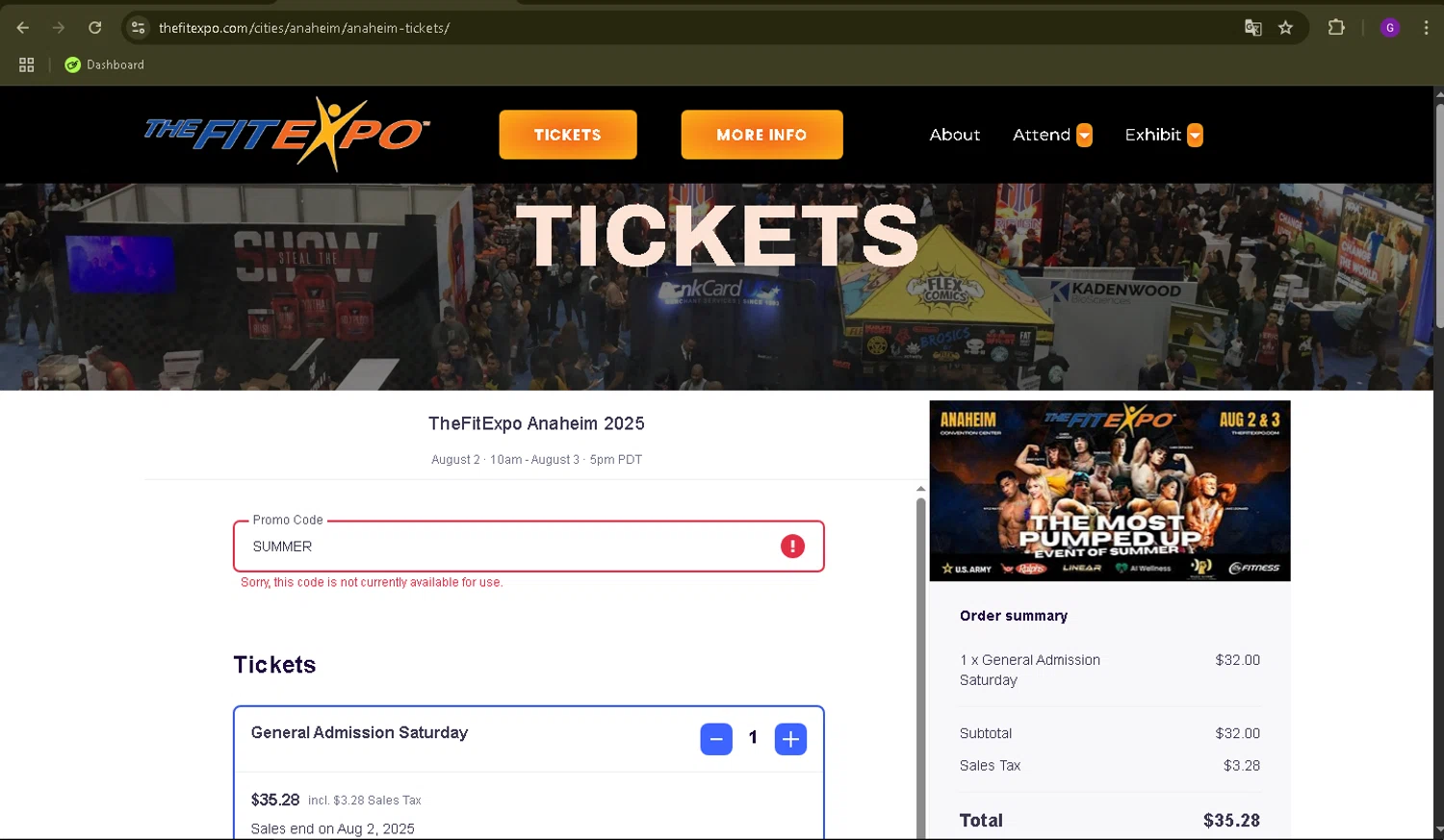 The Fit Expo promo code screenshot showing code SUMMER applied at The Fit Expo checkout page. Uploaded by SimplyCodes community member WiseMaverick4603 on Jul 26, 2025
