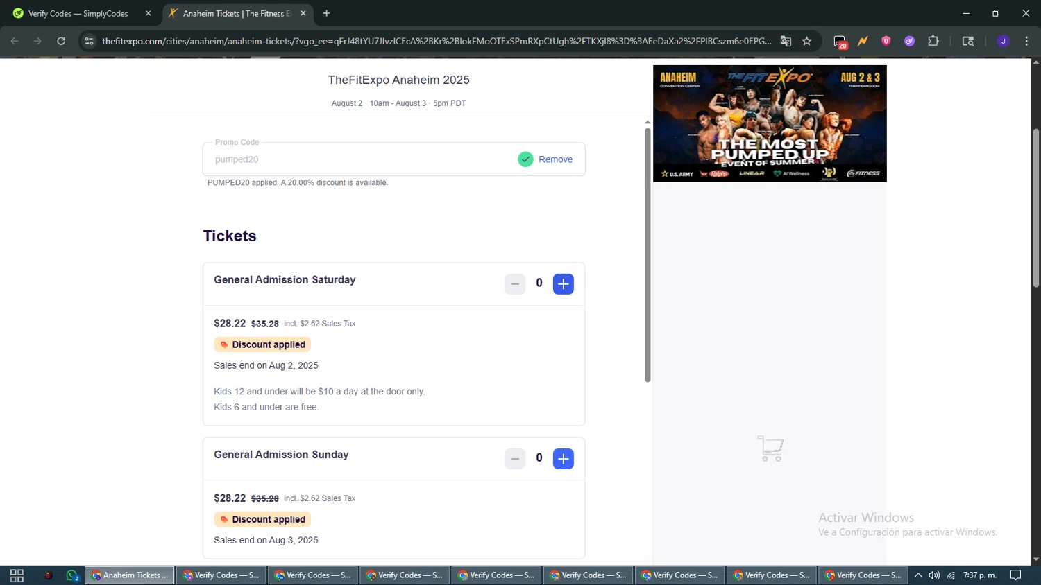 The Fit Expo checkout page showing The Fit Expo promo code box | Screenshot taken by SimplyCodes community member on Jul 22, 2025