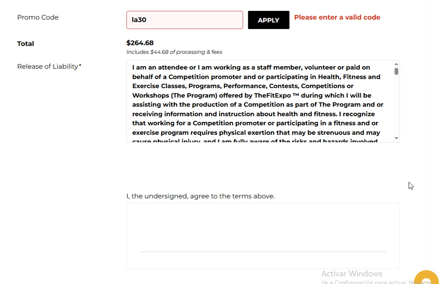 The Fit Expo promo code screenshot showing code la30 applied at The Fit Expo checkout page. Uploaded by SimplyCodes community member BudgetGuardian5712 on Dec 14, 2025