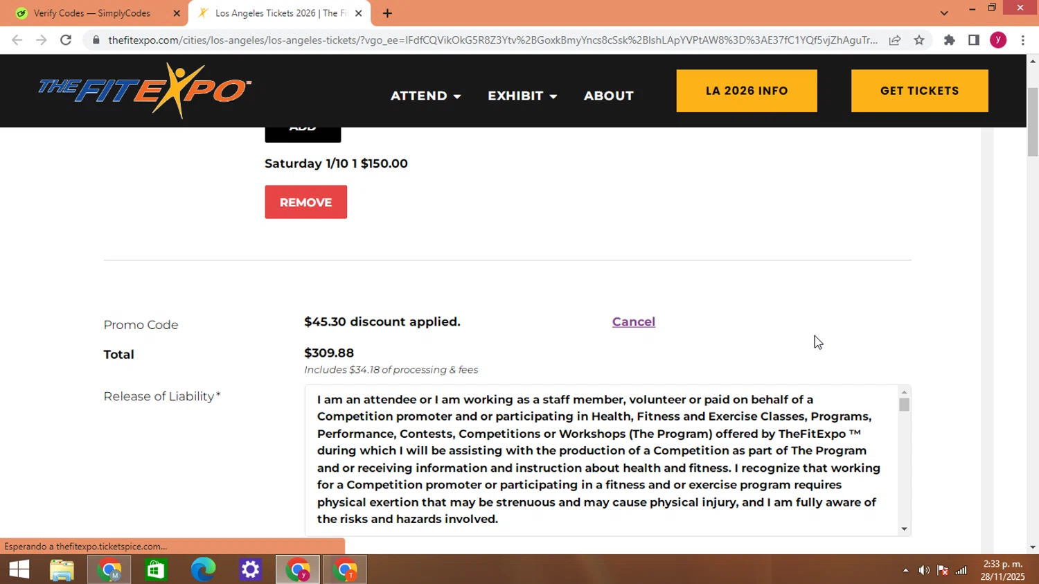 The Fit Expo promo code screenshot showing code la30 applied at The Fit Expo checkout page. Uploaded by SimplyCodes community member ThriftyWizard1508 on Nov 28, 2025