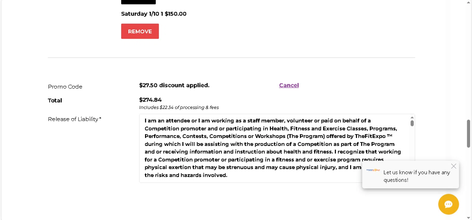 The Fit Expo promo code screenshot showing code LAFIT25 applied at The Fit Expo checkout page. Uploaded by SimplyCodes community member shark12 on Dec 24, 2025