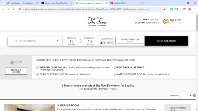 The Fives Hotels checkout page showing The Fives Hotels promo code box | Screenshot taken by SimplyCodes community member on May 10, 2024