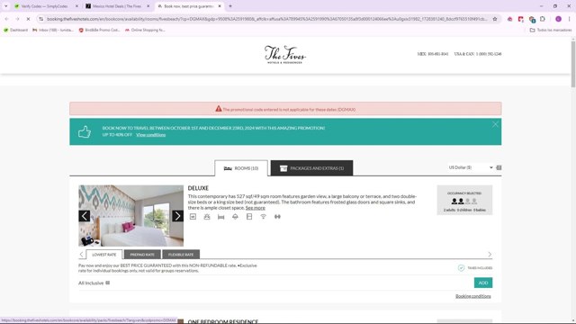 The Fives Hotels checkout page showing The Fives Hotels promo code box | Screenshot taken by SimplyCodes community member on Oct 8, 2024