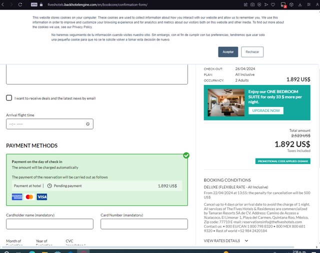 The Fives Hotels checkout page showing The Fives Hotels promo code box | Screenshot taken by SimplyCodes community member on Apr 22, 2024