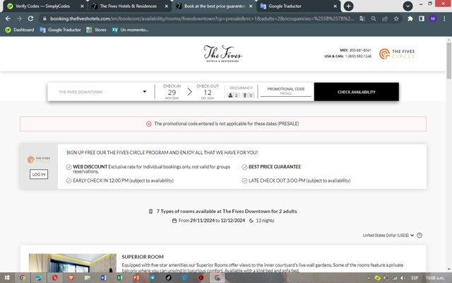 The Fives Hotels checkout page showing The Fives Hotels promo code box | Screenshot taken by SimplyCodes community member on Nov 24, 2024
