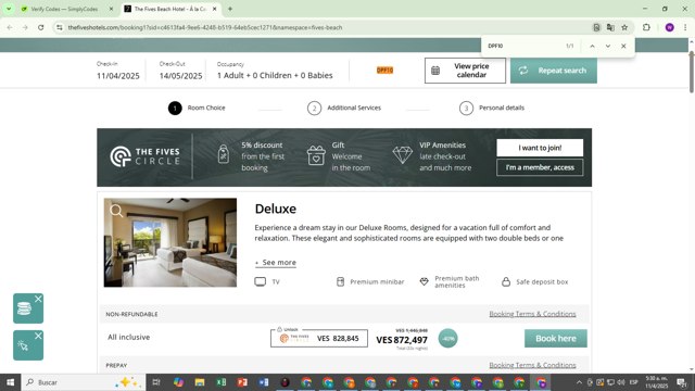 The Fives Hotels checkout page showing The Fives Hotels promo code box | Screenshot taken by SimplyCodes community member on Apr 11, 2025