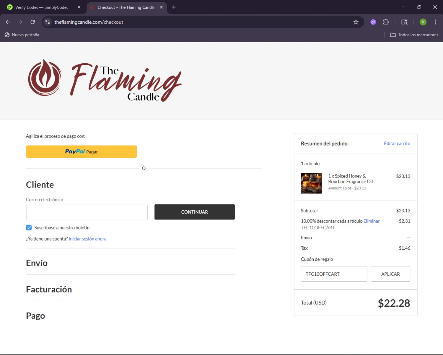The Flaming Candle Company checkout page showing The Flaming Candle Company coupon code box | Screenshot taken by SimplyCodes community member on Oct 28, 2025