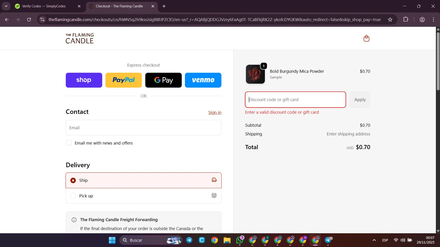 The Flaming Candle Company coupon code screenshot showing code TFC15OFFER applied at The Flaming Candle Company checkout page. Uploaded by SimplyCodes community member SilverWhiz4145 on Nov 29, 2025