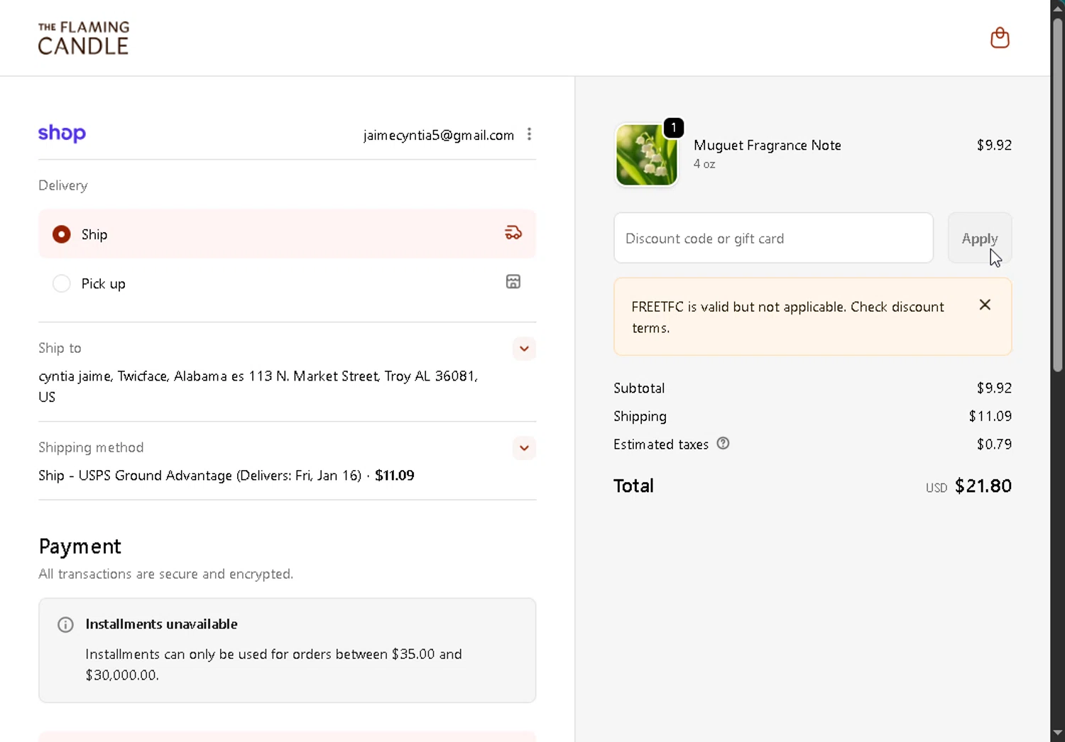 The Flaming Candle Company checkout page showing The Flaming Candle Company coupon code box | Screenshot taken by SimplyCodes community member on Jan 4, 2026