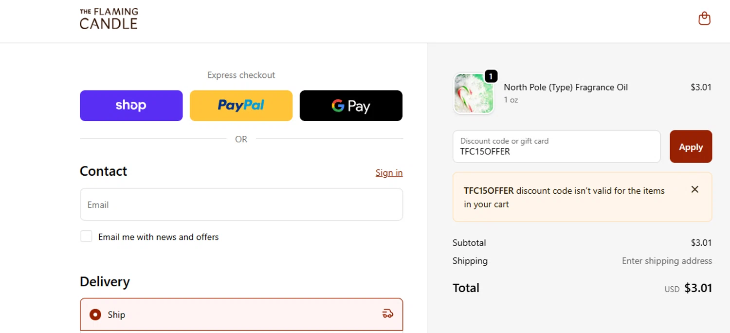 The Flaming Candle Company coupon code screenshot showing code TFC15OFFER applied at The Flaming Candle Company checkout page. Uploaded by SimplyCodes community member ashe1986 on Dec 9, 2025