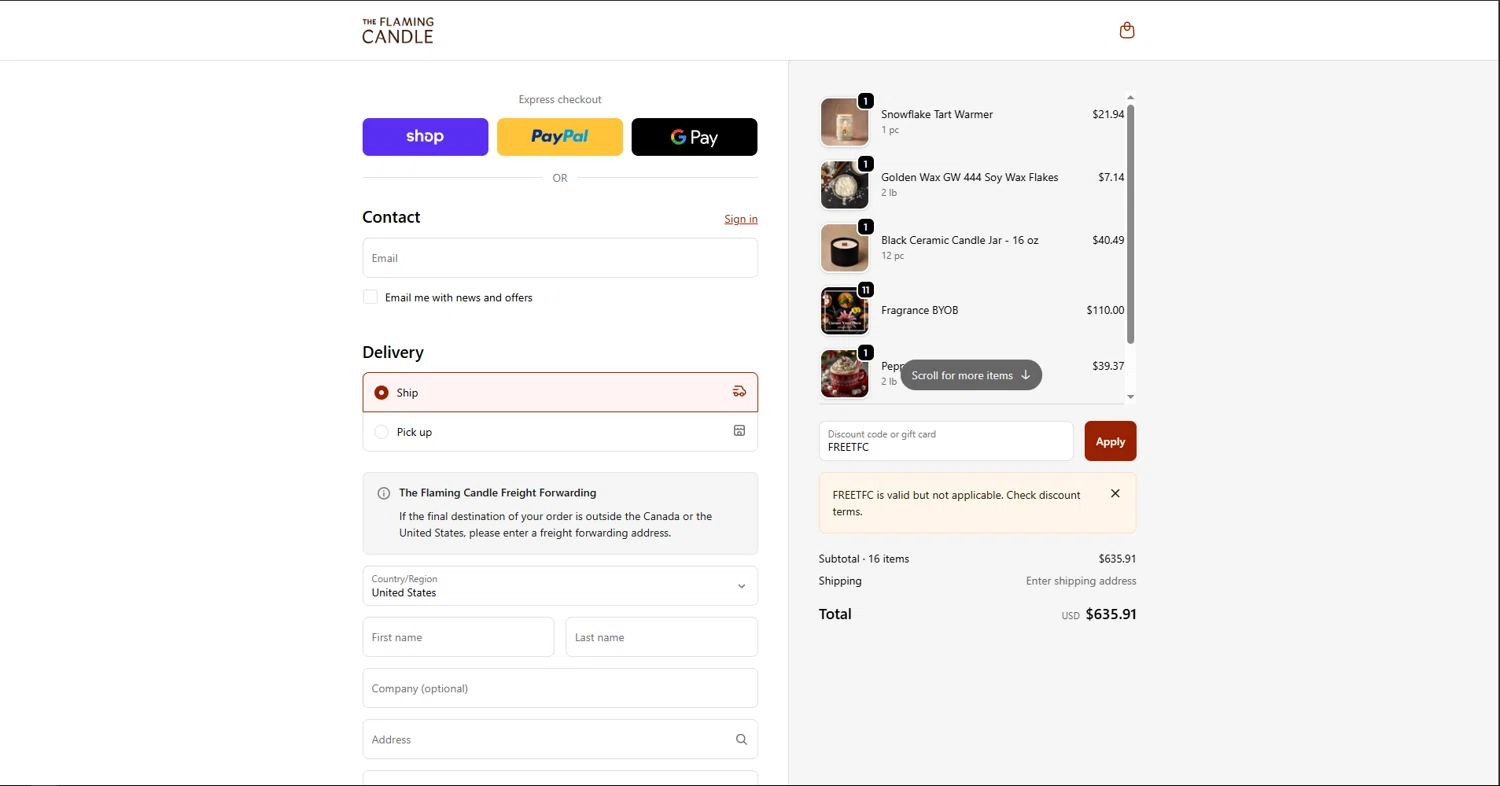 The Flaming Candle Company coupon code screenshot showing code FREETFC applied at The Flaming Candle Company checkout page. Uploaded by SimplyCodes community member vctr7w7x on Dec 1, 2025