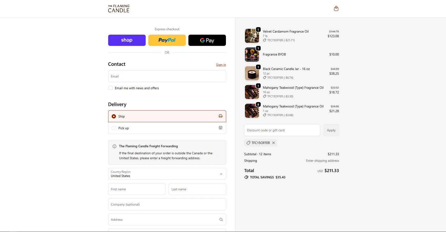The Flaming Candle Company coupon code screenshot showing code TFC15OFFER applied at The Flaming Candle Company checkout page. Uploaded by SimplyCodes community member vctr7w7x on Nov 20, 2025