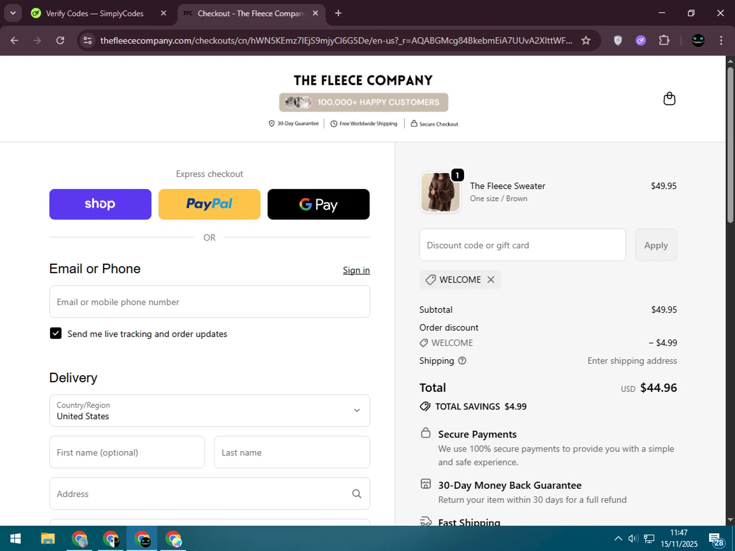 The Fleece Company promo code screenshot showing code WELCOME applied at The Fleece Company checkout page. Uploaded by SimplyCodes community member BargainWizard5755 on Nov 15, 2025