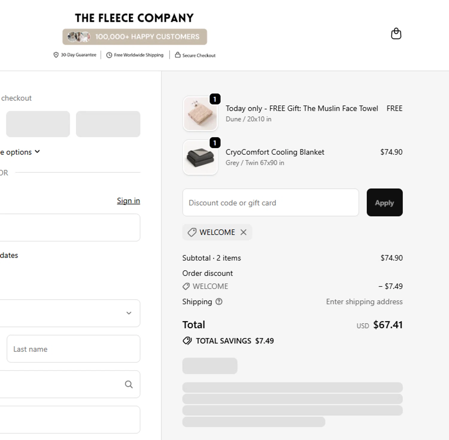 The Fleece Company promo code screenshot showing code WELCOME applied at The Fleece Company checkout page. Uploaded by SimplyCodes community member CouponLion324 on Oct 15, 2025