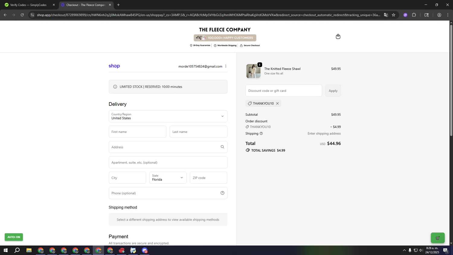 The Fleece Company promo code screenshot showing code THANKYOU10 applied at The Fleece Company checkout page. Uploaded by SimplyCodes community member fffffffffffffffffff on Dec 24, 2025