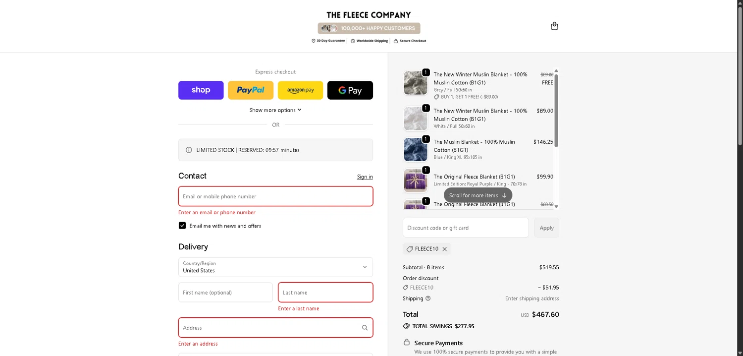 The Fleece Company checkout page showing The Fleece Company promo code box | Screenshot taken by SimplyCodes community member on Feb 3, 2026